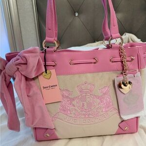 Juicy Couture Pink & Cream Embroidered Canvas Tote with Bow Charm
